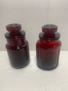 Wheaton Glass apothecary jars made from ruby red pressed glass vintage set of 2